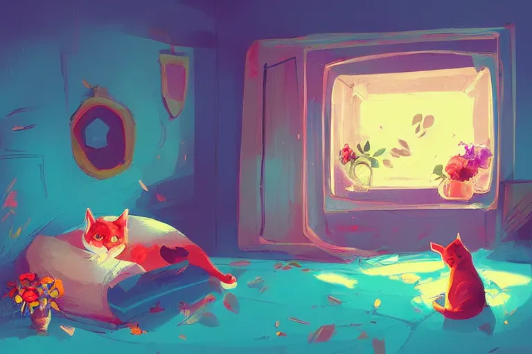 Image similar to a cat is sleeping in the room with flowers around in the afternoon, the sun shines in, by anton fadeev