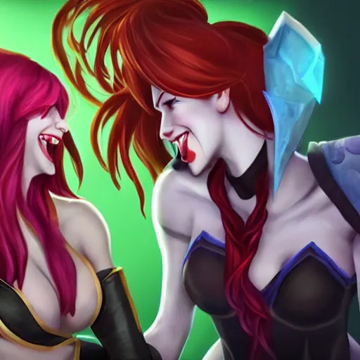 Prompt: league of legends, best friends, kai'sa and xayah, laughing