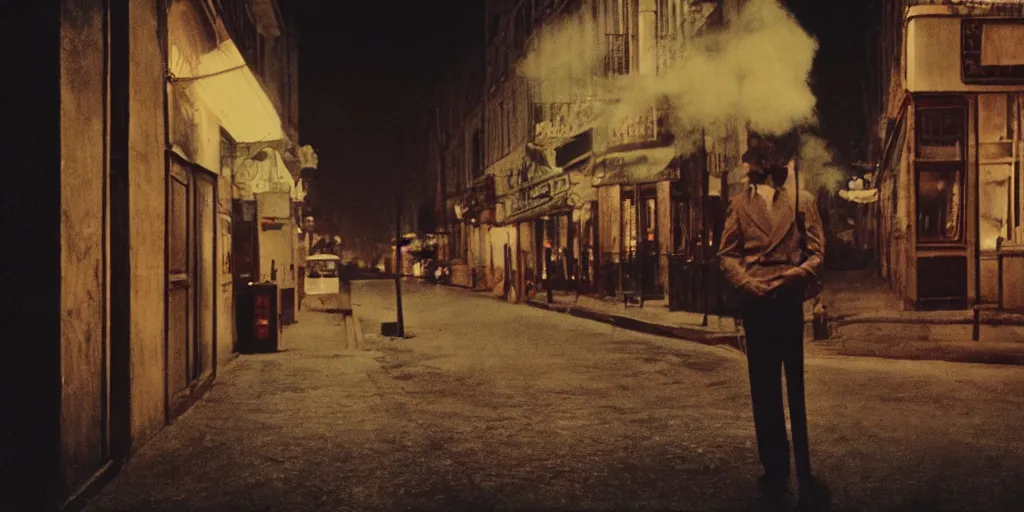 Image similar to detailed medium format photo, polaroid still from an old french movie, sleazy man watching night streets while smoking a cigarette, haze, high production value, intricate details, 8 k resolution, hyperrealistic, hdr, photorealistic, high definition, tehnicolor, award - winning photography, masterpiece, amazing colors