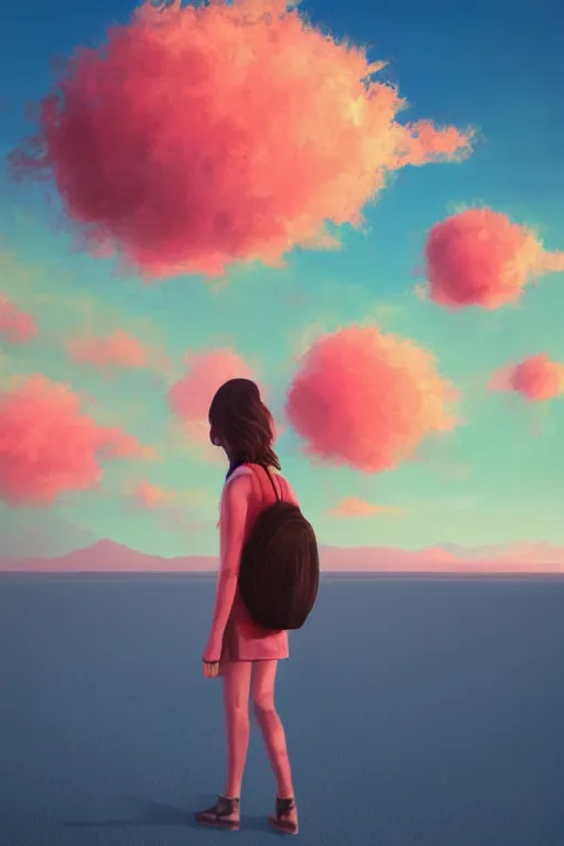 Image similar to giant daisy flower head, girl walking on salt flats mountains, surreal photography, sunrise, dramatic light, impressionist painting, colorful clouds, digital painting, artstation, simon stalenhag