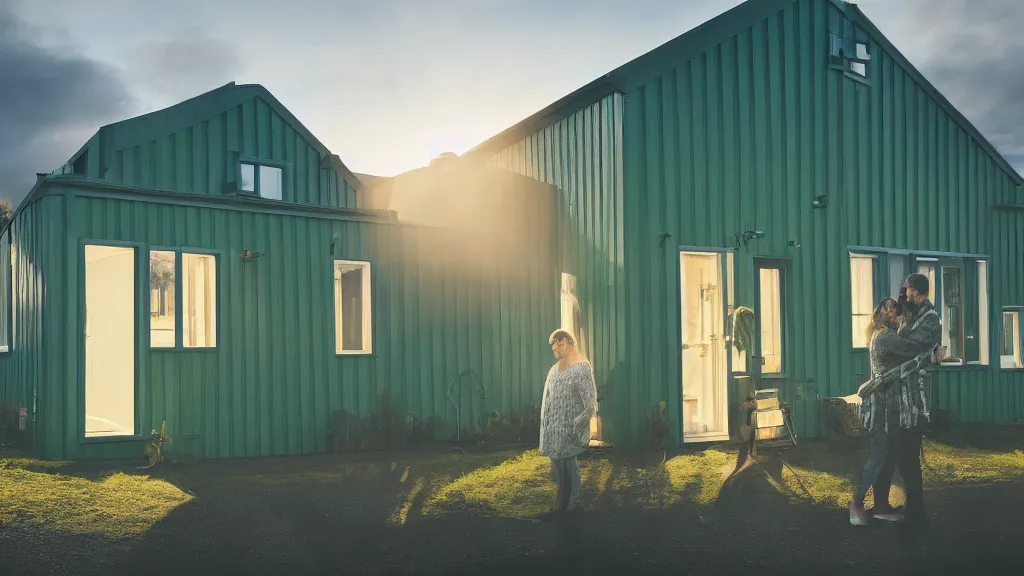 Image similar to a couple, green house, quiet street, reykjavik, sunset lighting, rim light, hyper realistic, cinematic frame