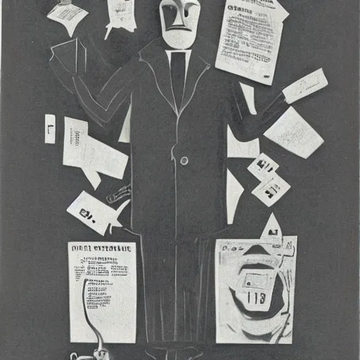 Prompt: Surreal, Dadaist art of a banker. 1930s.