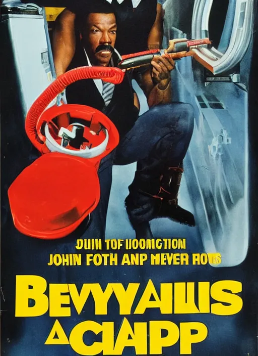 Image similar to an 8 0's john alvin action movie poster starring eddie murphy face as a plumber to rich people. bathroom. overalls. tool belt. the movie is called beverly hills crap