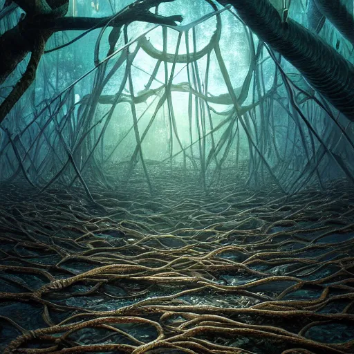 Image similar to the portal of nothingness lies under piles of modular synth cables mixed with mangrove roots, a place we can call our own together, by cameron gray, wlop, stanley kubrick, masamune, hideki anno, jamie hewlett, unique perspective, trending on artstation, 3 d render, vivid