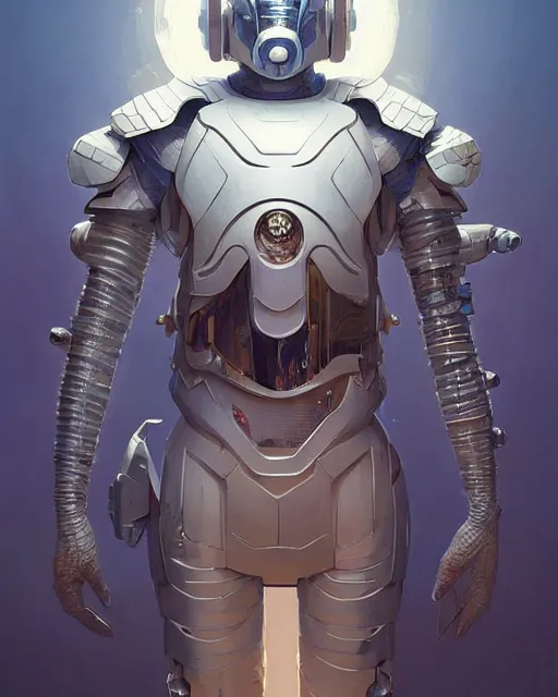 Image similar to highly detailed vfx portrait of a cyborg pangolin. wearing white and gold scaled armor. unreal engine, greg rutkowski, loish, rhads, beeple, makoto shinkai and lois van baarle, ilya kuvshinov, rossdraws, tom bagshaw, alphonse mucha, global illumination, detailed and intricate environment