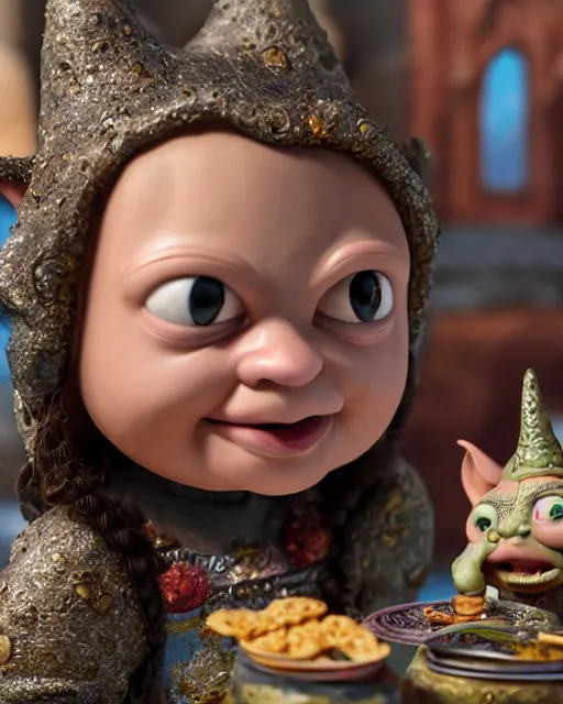 Prompt: highly detailed closeup, face profile portrait of a tin toy greta thunberg as a medieval goblin eating cakes in a castle, bikini, depth of field, nicoletta ceccoli, mark ryden, lostfish, dan decarlo, bob clampett, max fleischer, detailed and intricate environment, 8 k resolution, hyperrealistic, octane render