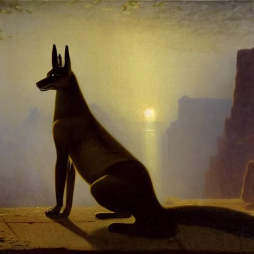 Image similar to Anubis scowling at the viewer, the background a gloomy fog rolling over the plains illustrated by Albert Bierstadt