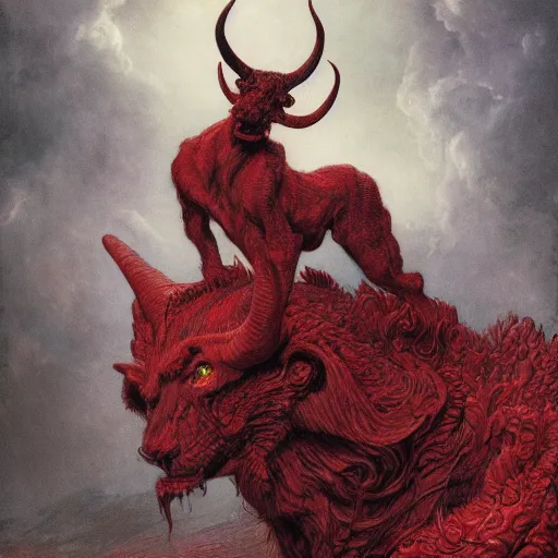 Image similar to a photographic portrait of a scarlet - colored beast with seven ( 7 ) heads and ten ( 1 0 ) horns by gustave dore and stephen hickman and allen williams, trending on artstation, cgsociety, 4 k hd, earthtone colors, a woman riding the back of the beast