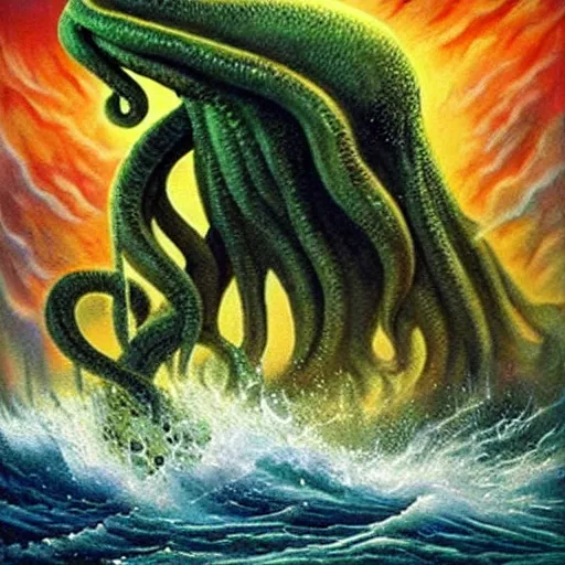 Image similar to hyperealistic painting of cthulhu is fighting many gods in a ocean that is in space, and cthulhu is wreaking havoc and causing the structure of the ocean to collapse