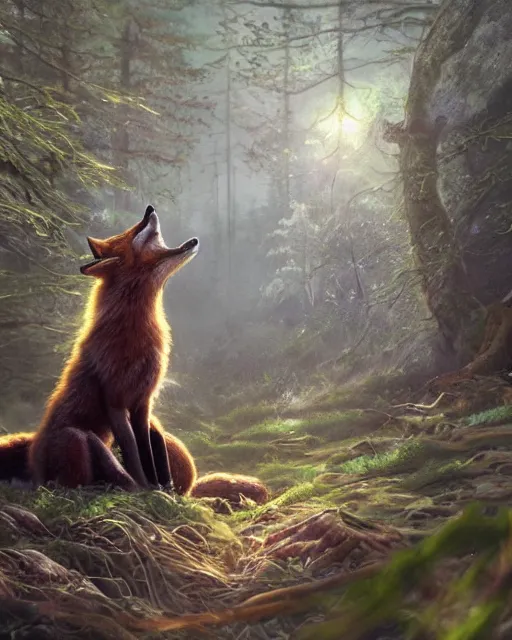 Image similar to Fox singing in forest, portrait, wearing hat, magical notes, fairy atmosphere, magic the gathering artwork, D&D, fantasy, cinematic lighting, centered, symmetrical, highly detailed, digital painting, artstation, concept art, smooth, sharp focus, illustration, volumetric lighting, epic Composition, 8k, art by Akihiko Yoshida and Greg Rutkowski and Craig Mullins, oil painting, cgsociety