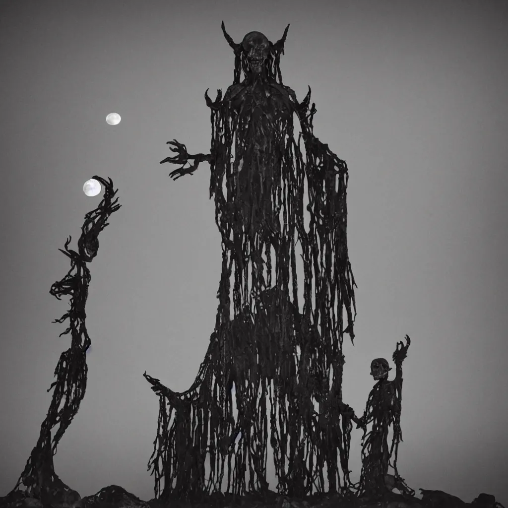 Image similar to creepy dark tall creature sitting on a throne made of skulls, moonlight