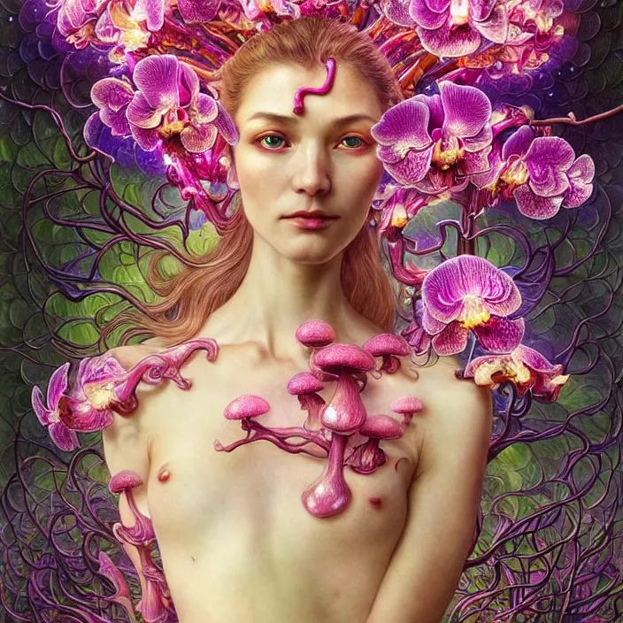 Image similar to extremely psychedelic organic cyborg made of orchid and cherry blossom tree and mushroom, diffuse lighting, fantasy, intricate, elegant, highly detailed, lifelike, photorealistic, digital painting, artstation, illustration, concept art, smooth, sharp focus, art by John Collier and Albert Aublet and Krenz Cushart and Artem Demura and Alphonse Mucha