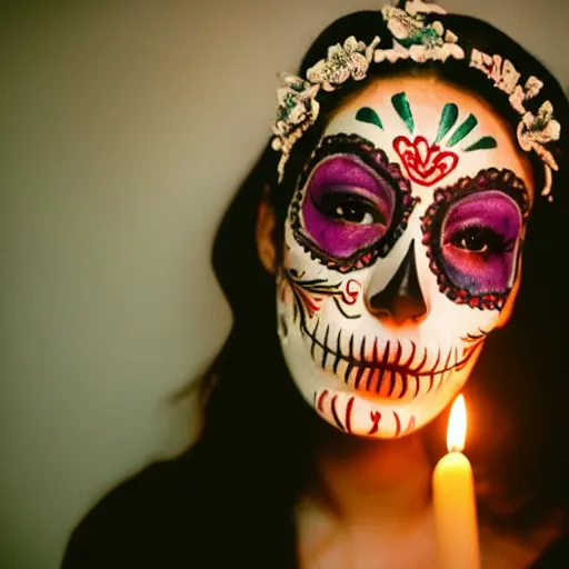 Image similar to film photography of beautiful Mexican actress in sugar skull makeup, illuminated by candlelight, cinestill 800, 85mm