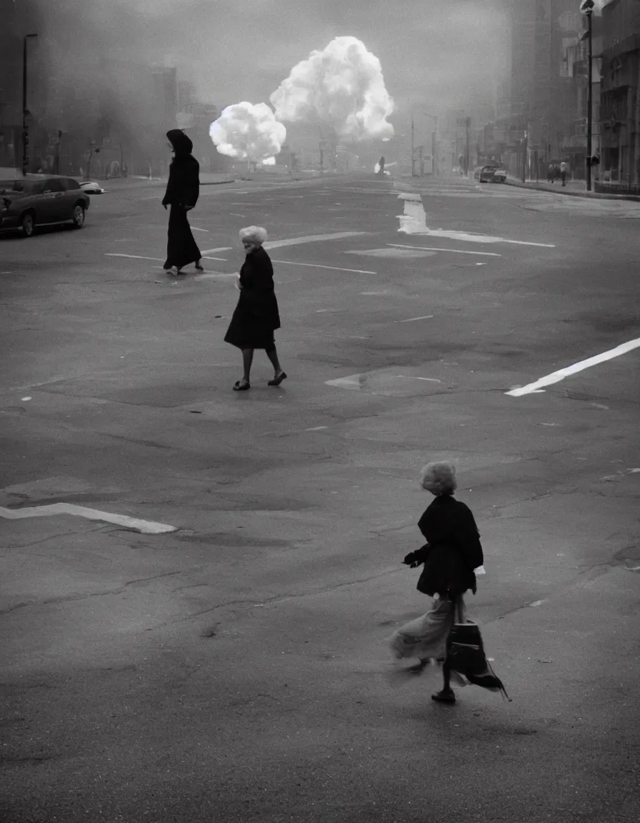 Image similar to Elderly woman crossing the street with a walker, nuclear mushroom cloud in the background, black and white photo by Annie Leibovitz