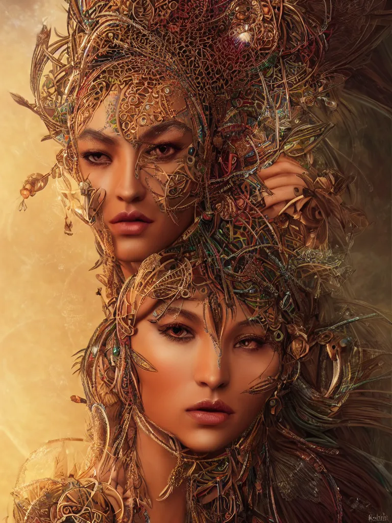 Image similar to a centered render of an alluring mystical tribal goddess adorned with feathers and gemstones and cables and synthesizer parts is surrounded by sacred geometry made from elven architecture, full body, gorgeous face, perfect face, powerful, cinematic, beautifully lit, by artgerm, by karol bak, 3 d, trending on artstation, octane render, 8 k