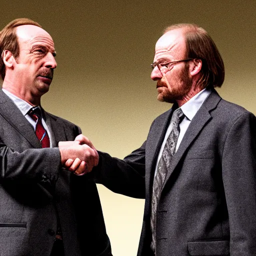 Image similar to Saul goodman and walter white shaking hands at a WHO conference , perfect faces , 8k UHD , Medium shot , award winning
