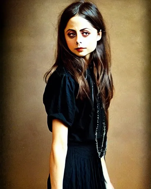 Image similar to style of jules bastien - lepage : : gorgeous willa holland : : evil witch, swirling black magic, black dress : : symmetrical face, symmetrical eyes : : full body pose : : gorgeous black hair : : magic lighting, low spacial lighting : :