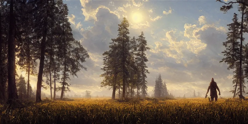 Image similar to A Menacing giant figure approaches, The brilliant dawn on the meadow, Ivan Shishkin, Artstation, Epic, Stylized,