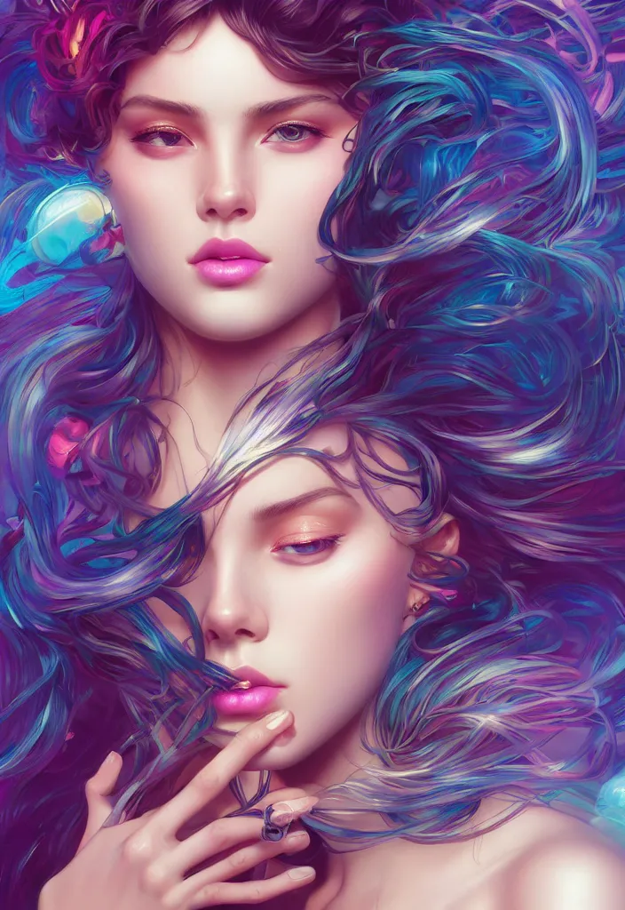 Image similar to beautiful, young woman, detailed gorgeous face, vaporwave aesthetic, synthwave, colorful, psychedelic, artstation, concept art, smooth, extremely sharp detail, finely tuned detail, ultra high definition, 8 k, unreal engine 5, ultra sharp focus, illustration, art by artgerm, greg rutkowski and alphonse mucha