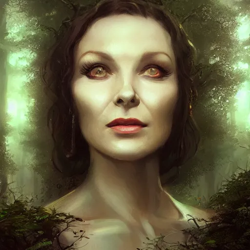 Image similar to a closeup portrait of vivian leigh, magical forest background, gorgeous view, sunset, film noir, depth, by seb mckinnon, by greg rutkowski, by igor kieryluk, digital art, trending on artstation