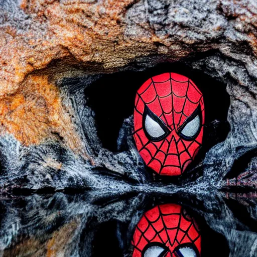 Prompt: head of the spiderman emerges from a lava lake, cave background, high detail, lava reflections, cave reflecting in the lava lake, dramatic shot