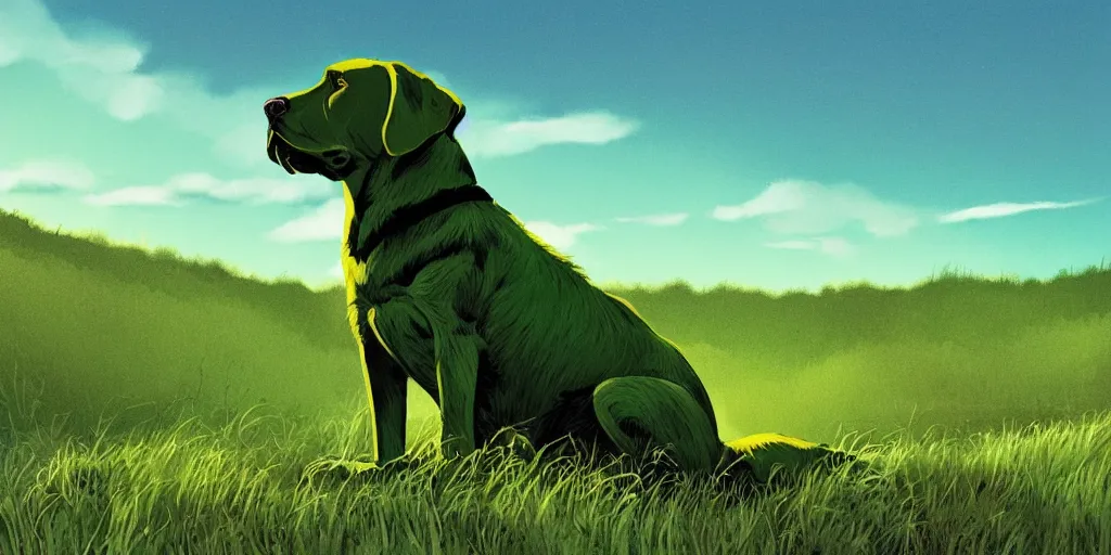 Prompt: hyperrealist, graphic novel illustration of a bulky green labrador retriever with shaggy green fur with green dye sitting on a grassy hill, wearing armor, pulp 7 0's sci - fi vibes, 9 0's hannah barbara fantasy animation, cinematic, movie still, studio ghibli masterpiece