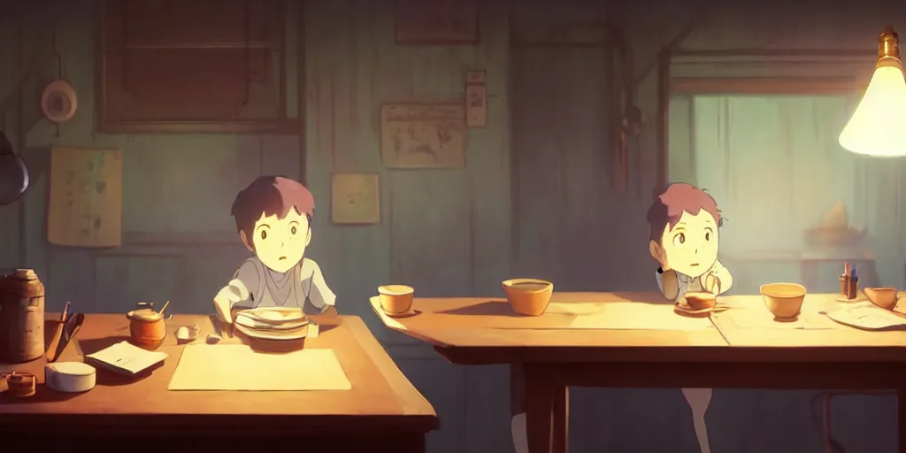 Prompt: a wholesome animation key shot of cut sits at the table in the evening and draws a brush, an old lamp with a lampshade on the table glows with bright light, hipster vibes by studio ghibli, animation, sharp, rendered in unreal engine 5, focused, anime key art by greg rutkowski, bloom, dramatic lighting