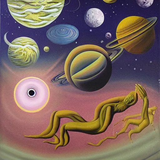 Prompt: Liminal space in outer space, surreal painting by surrealist artist Gleeson, colorized, this grotesque, nightmarish composition symbolise the inner workings of the human mind. Called Psychoscape it shows liquid, solid and air coming together and directly alluding to the interface between the conscious, subconscious and unconscious mind. It incorporates the human form less and less in its entirety. The human form is represented in the landscape by suggestions, an arm, a hand or merely an eye.