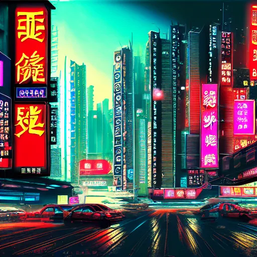 Prompt: a realistic painting of cyberpunk hong kong, many huge signs, ultra hd wallpaper, 4 k
