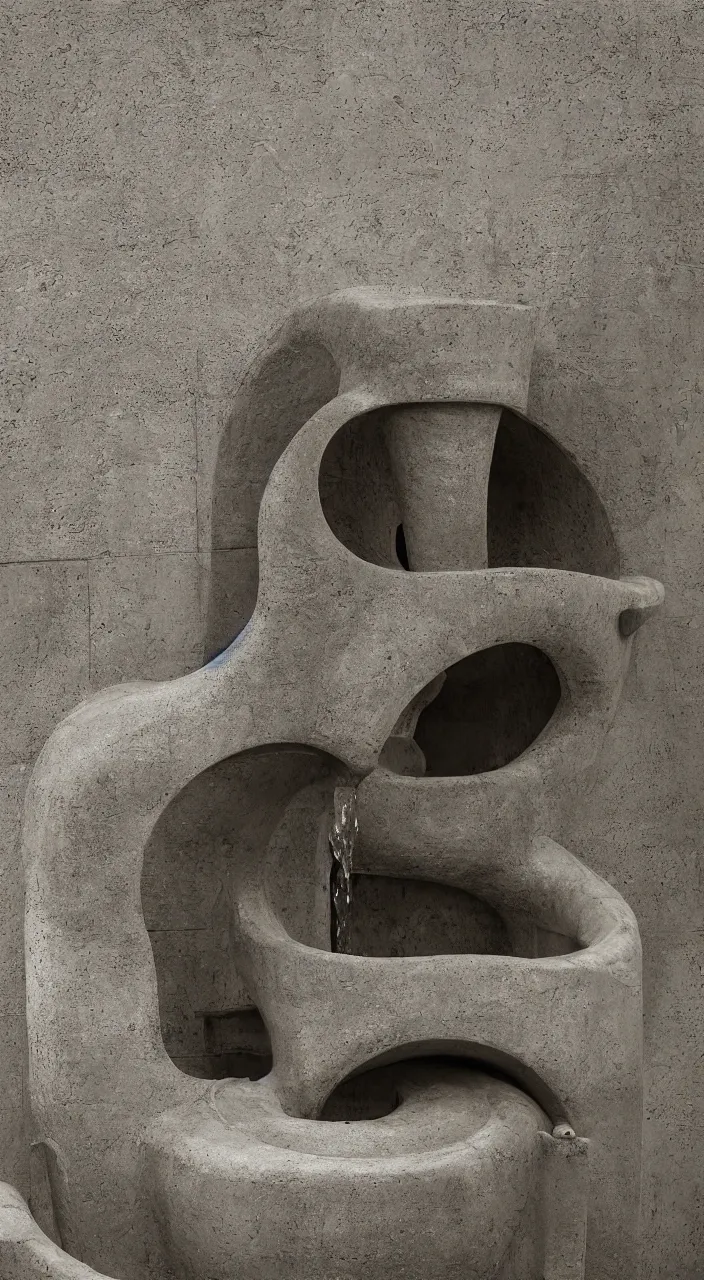 Image similar to a stream of water entering into a machine made from biomorphic amphoras and producing a liquid coin, in the style of a carlo scarpa fountain, architectural photograph, isometric, infrastructure, kidneys, clay texture, 8 k