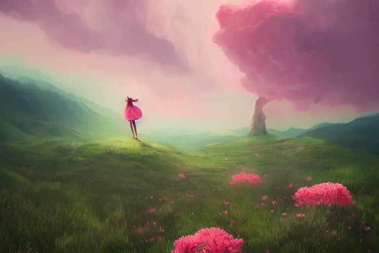 Image similar to giant pink flower as a head, girl standing on mountain, surreal photography, stars, dramatic light, impressionist painting, storm clouds, digital painting, artstation, simon stalenhag