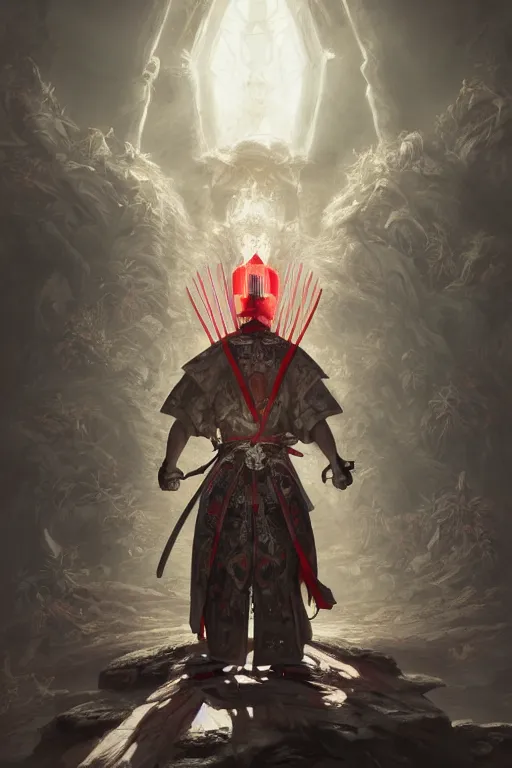 Image similar to a photographic portrait of a powerful samurai cloaked in white, carrying swords on his back, standing under a beam of light, a dark cave, ruby red sorrow, intricate, elegant, highly detailed, ornate, beautifully lit, ray traced, octane render, in the style of Peter Mohrbacher and Peter Gric