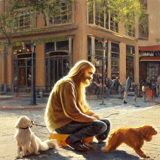 Image similar to oil painting of a young man with long hair blond and a beard hippie style with his golden retrever dog playing piano in the square for money, people watching around, by greg rutkowski, artstation