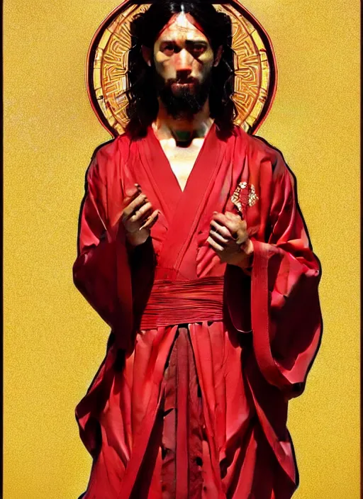 Prompt: symmetry!! portrait of terrence boyd as a jesus christ in a red kimono with an halo, face close - up, intricate, elegant, highly detailed, digital painting, artstation, concept art, smooth, sharp focus, illustration, art by artgerm and greg rutkowski and alphonse mucha