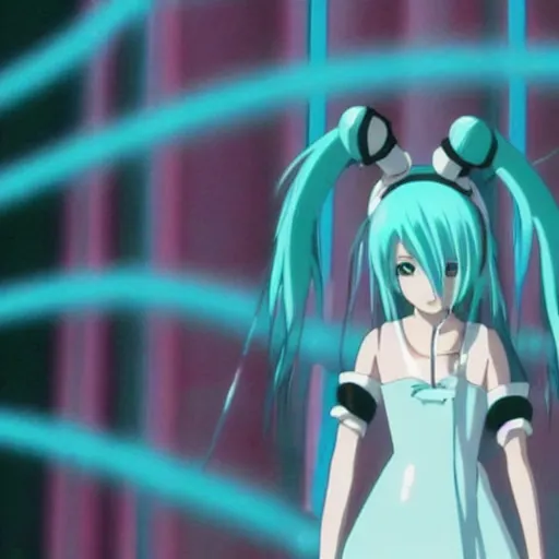 Prompt: a screenshot of hatsune miku in the film spirited away ( 2 0 0 1 )