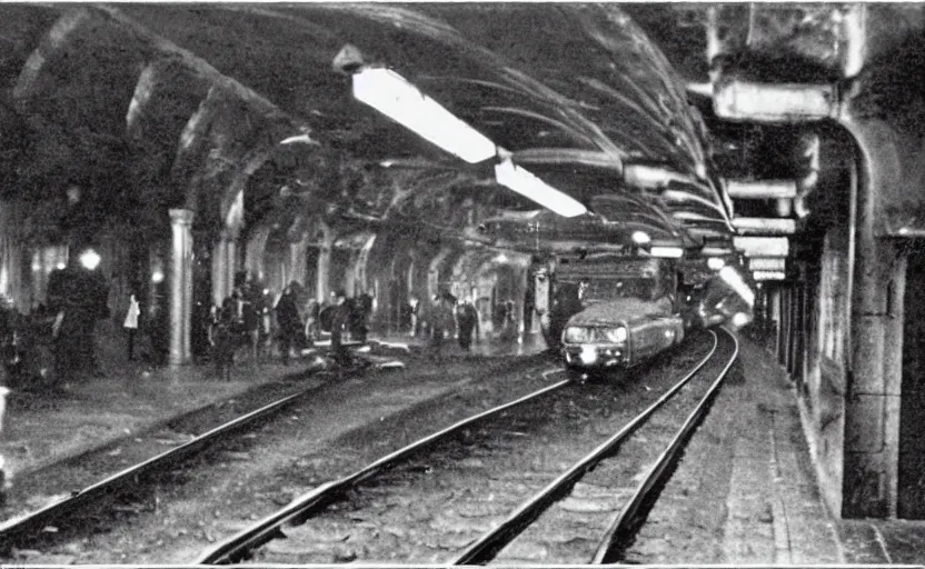 Image similar to old photo from 1 9 6 5. very large giant mutant zombie rat on railways in tonnel of moscow metro. extreme high detail. low dark light, scary atmosphere