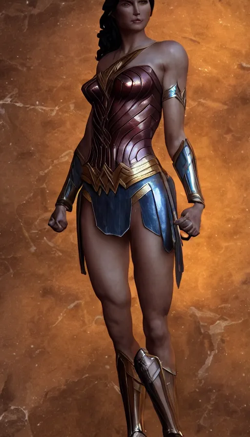 Image similar to marble statue of wonder woman, full body length, hyper detailed, digital art, trending in artstation, cinematic lighting, studio quality, smooth render, unreal engine 5 rendered, octane rendered, art style by klimt and nixeu and ian sprigger and wlop and krenz cushart