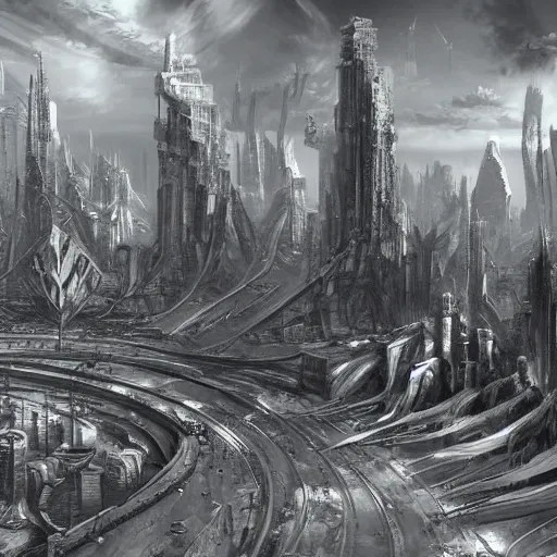 Prompt: landscape of apocalypse city, grayscale, by stanley artgerm lau