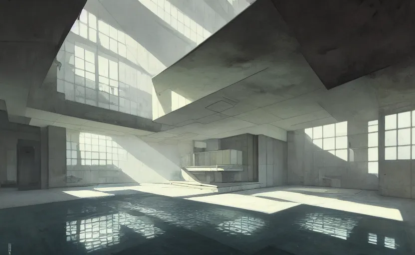 Image similar to painting of interior shot of a white concerete brutalist house architecture with big pools by darek zabrocki, alphonse mucha and greg ruthkowski and simon stalenhag, cinematic and cold atmospheric, archillect concept art, artstation, trending on artstation