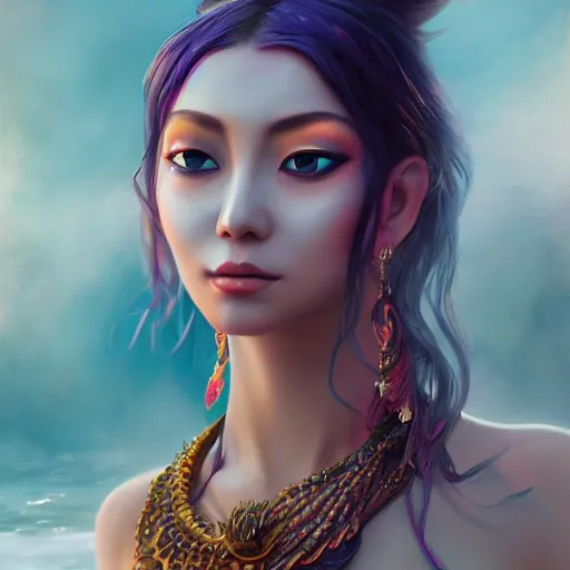 Prompt: stunning artstation style portrait painting of a mermaid bodhisattva, in the style of WLOP, 8k masterpiece, curvy, slim build, full body view, wide view cinematic lighting, pristine clean design, fantasy, insanely detailed, atmospheric