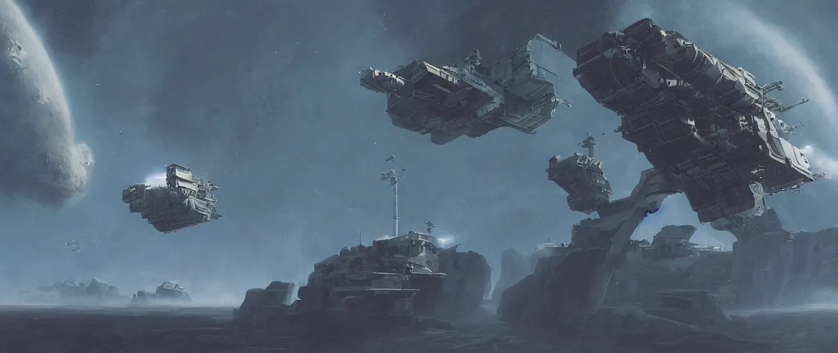 Image similar to concept art, a single military scouting spaceship, traveling to new worlds, deep space exploration, the expanse tv series, industrial design, dynamic angle, high energy and motion, spatial phenomena, cinematic lighting, 4k, greebles, widescreen, wide angle, beksinski, sharp and blocky shapes