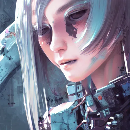 Prompt: highly detailed portrait of a post-cyberpunk punk young lady by Akihiko Yoshida, Greg Tocchini, 4k resolution, bravely default inspired, nier:automata, pastel pink, light blue, brown, white and black color scheme with graffiti