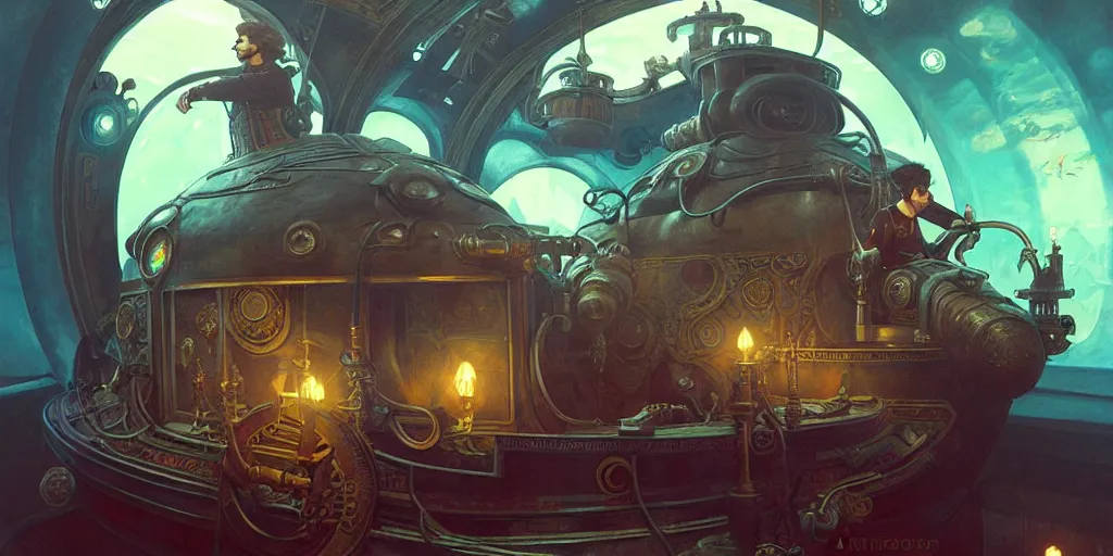 Prompt: Captain Nemo in his submarine, steampunk, octane renderer, 8K, sparsely lit, art by artgerm and greg rutkowski and alphonse mucha