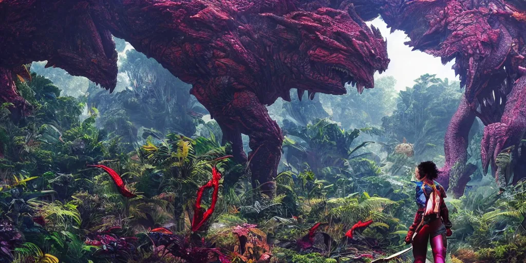 Prompt: explorer woman walking in dragon armour, walking in a dense alien jungle with colourful red, blue and purple plants, large vines, mossy organic rock structures, in the style of monster hunter world, like concept art on artstation, hyperdetailed, vray render, octane render,