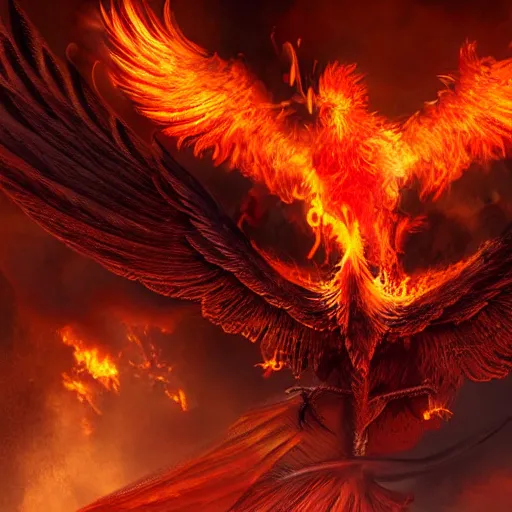 Prompt: flaming phoenix flying overhead on top of a medieval city, concept art, highly detailed, dark colour, tense atmosphere, 8 k