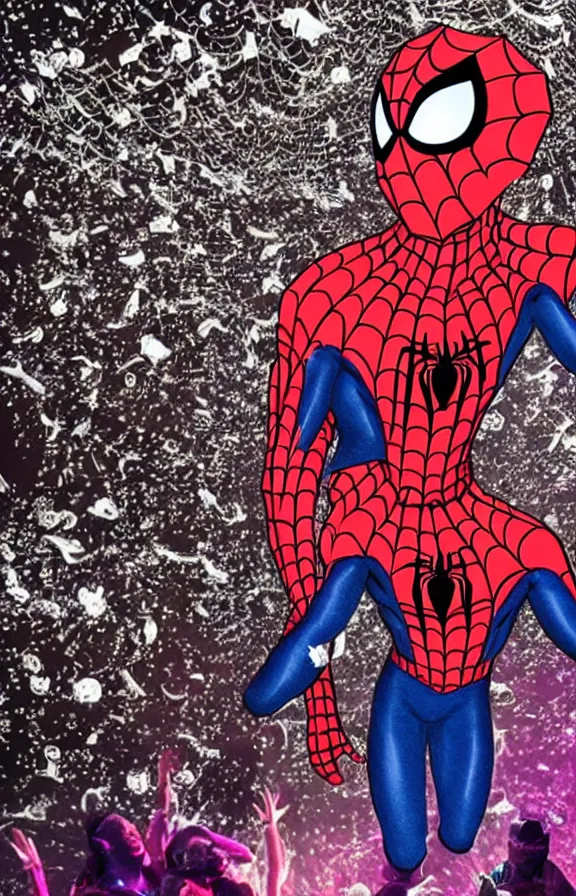 Prompt: Spider-man dancing with a lot of spiders in a disco club