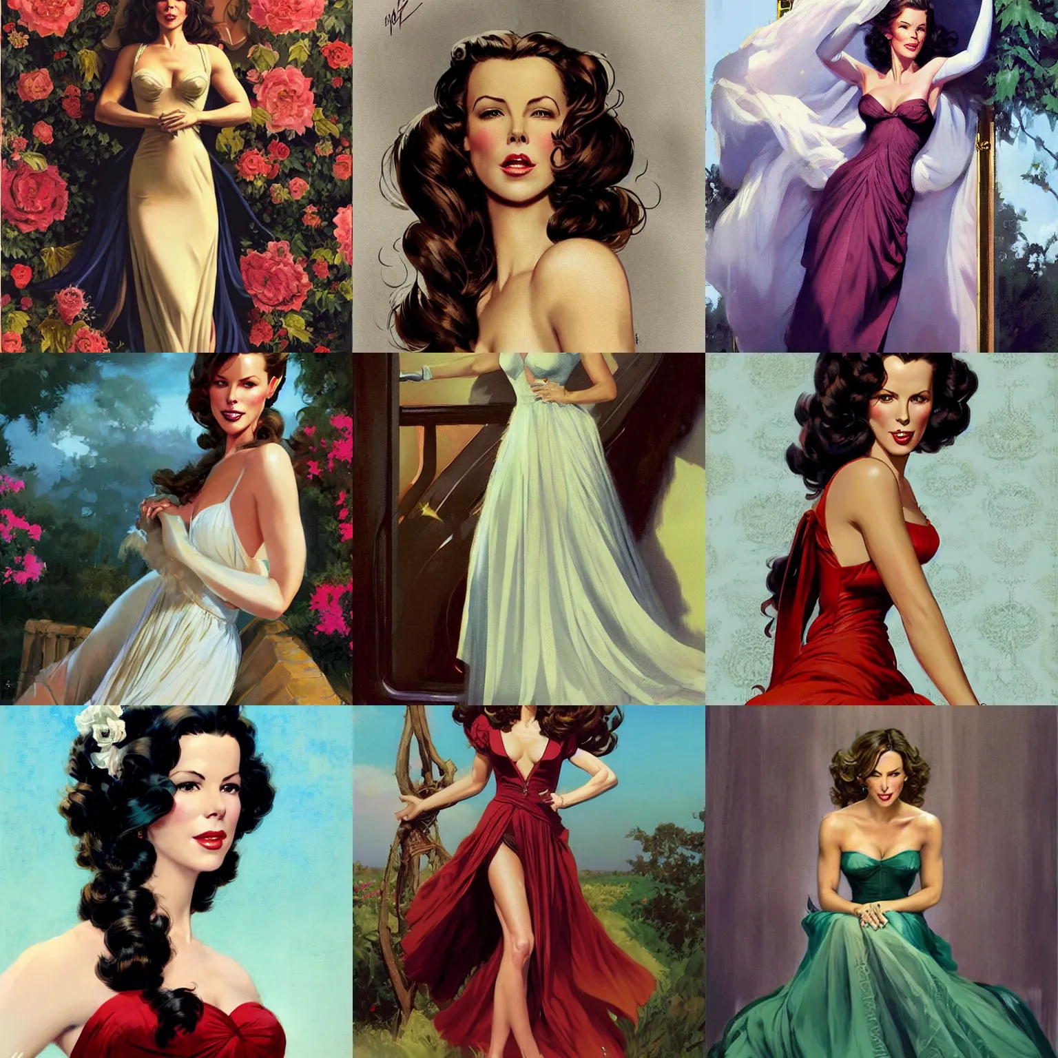 Prompt: Kate Beckinsale wearing a long big dress, beautiful. highly detailed face and hair. art by Gil Elvgren and Fernanda Suarez and Greg Manchess and Sachin Teng