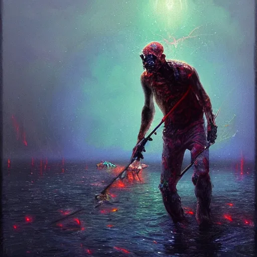 Prompt: UHD photorealistic Cosmic Zombie fishing in a radioactive lake of fire, in the style of tonalism by Greg Rutkowski, trending on Artstation, hyperrealistic, correct details, accurate face