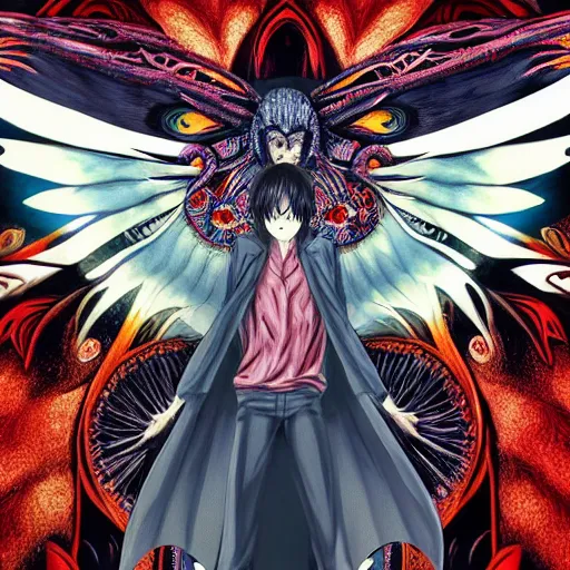 Image similar to 4K headshot of mothman with defined arms and open hands and bloody clothes with giant mandala wings , intricate face , flawless anime cel animation by Kentaro Miura, psychedelic , highly detailed upper body , professionally post-processed , beautiful, scary, symmetry accurate features, epic, octane rendered, anime masterpiece, accurate