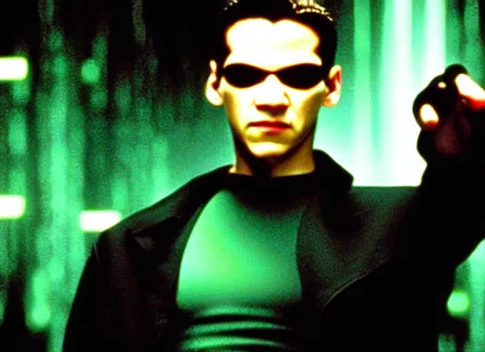 Image similar to Movie still of Neo in The Matrix movie doing a thumb up to the camera in front on burning servers.